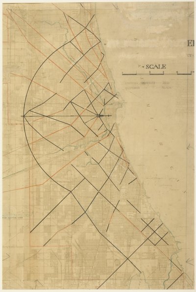 91. tábla: The Plan of Chicago, Chicago, Proposed Diagonal Arteries, 1909. alkotó: Daniel Burnham