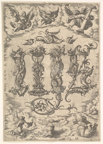 IHS monogram, hat angyallal körülvéve, kb. 1485-1536. alkotó: Daniel Hopfer