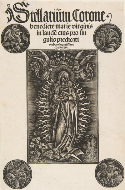 Szűz félholdon, Címlap Pelbartus de Temesvarból: Stellarium corone Schr. 2869..., 1502. alkotó: Daniel Hopfer.