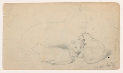 Rajz, Macska és három kiscica; hátoldalon: Arab férfi ül és fogad egy férfit, valószínűleg David Roberts után, 1844 alkotó: Daniel Huntington