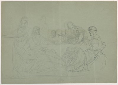 Rajz, Mária mossa Krisztus lábát, több férfi ül egy asztalnál; hátoldalon jegyzetek, 1852 alkotó: Daniel Huntington