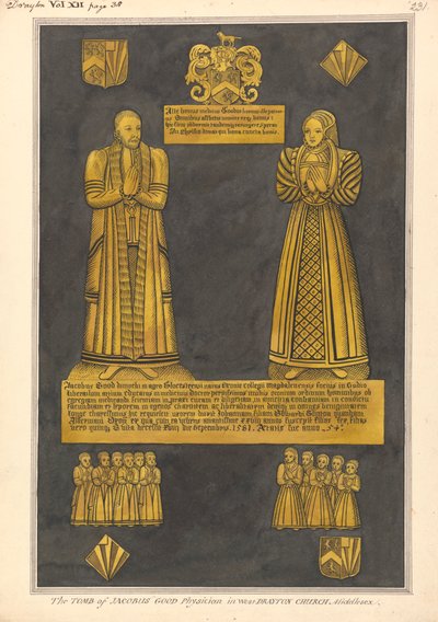 Sárgaréz tányér Dr. James Goode-nak és feleségének, Joannak, Edward Clinton lányának, West Drayton Church alkotó: Daniel Lysons