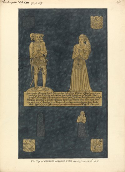 Sárgaréz tányér Gregory Lovellnek és feleségének, Anne-nak, David Bellingham lányának, Harlington Church alkotó: Daniel Lysons