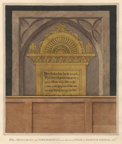 Sárgaréz tányér John Burnell számára a Drayton Churchből alkotó: Daniel Lysons