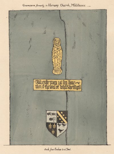 Sárgaréz tányér John Skevington számára a Hornsey Churchből alkotó: Daniel Lysons