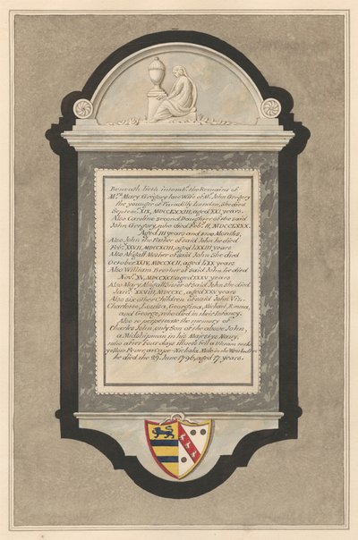 Emlékmű Mrs. Mary Gregorynak, Caroline Gregorynak, John Gregorynak, Abigail Gregorynak, William Gregorynak, Mary Abigail Gregorynak, hat gyermeknek: Charlotte, Louisa, Georgina, Michael, Emma és George Gregory, valamint Charles John Gregory a Cranford Chur alkotó: Daniel Lysons