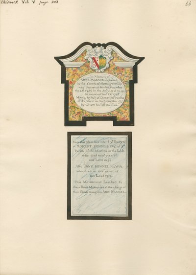 Emlékmű Vere Warnernek, valamint Robert és Jane Kennelnek a Chiswick Churchből alkotó: Daniel Lysons