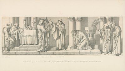 Harold, aki éppen ellenezni készül Vilmos invázióját, imát mond a Waltham Abbeyben, amikor a szent kép csodálatos módon előrehajlik a keresztről. alkotó: Daniel Maclise