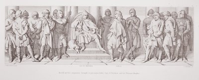 Harold és társai foglyul ejtve Ponthieu-i Guy és normann lovagjai előtt, a "The Story of the Norman Conquest"-ből, L. Gruner metszete, 1866. alkotó: Daniel Maclise