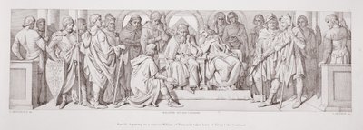 Harold, aki Normandiai Vilmoshoz utazik, búcsút vesz Hitvalló Edwardtól, a „Normann hódítás története” című művéből, amelyet L. Gruner vésett, 1866 alkotó: Daniel Maclise