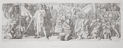 Hódolat a felszentelt zászló előtt, "A normann hódítás története" című művéből, L. Gruner vésette, 1866 alkotó: Daniel Maclise