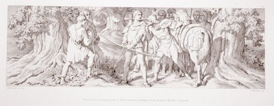 Vilmos a roueni vadászmezőn Tostigtól kap hírt Harold koronázásáról, a "The Story of the Norman Conquest"-ből, L. Gruner metszete, 1866. alkotó: Daniel Maclise