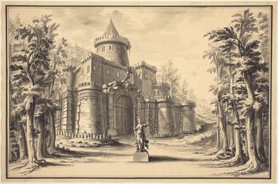 Színpadi díszlet szoborral és palotával alkotó: Daniel Marot the Younger