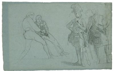 Study for The Siege of Gibraltar (Tanulmány Lindsay alezredesről és a kötélen húzó alakokról), c. 1786-1787 (graftie és fekete-fehér kréta szürkéskék papíron) alkotó: Daniel Mytens
