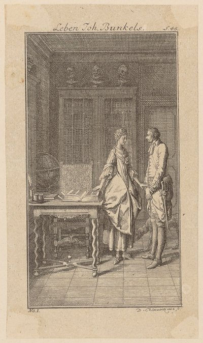 Bunkel Miss Henriette Noel könyvtárában, 1. lap Johann Bunkel „Élete, megjegyzései és véleményei” című művéből alkotó: Daniel Nikolaus Chodowiecki