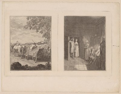 Hermann utolérte a menekülteket [balra]; Herrmann Dorotheát szülei házába vezeti [jobbra] alkotó: Daniel Nikolaus Chodowiecki