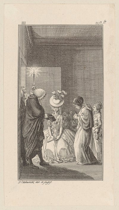 Lady Vincent, Lady Brunk, Whitefield és egy pap lépnek be alkotó: Daniel Nikolaus Chodowiecki