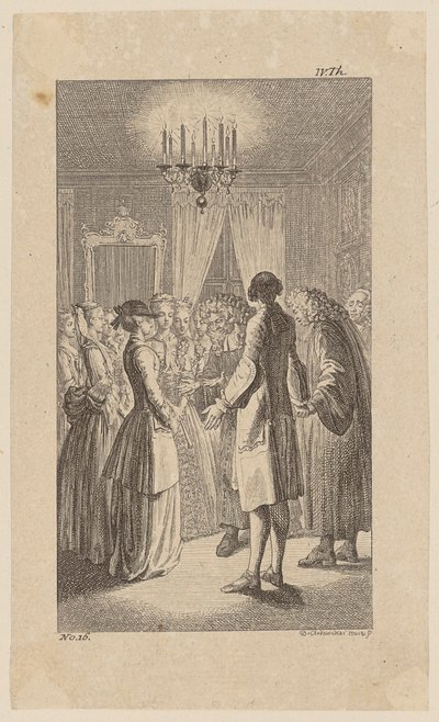 Miss West a Comus szobájában beleegyezik a házassági egyezségbe, 16. oldal a „Johann Bunkel élete, megjegyzései és véleményei” című műből alkotó: Daniel Nikolaus Chodowiecki