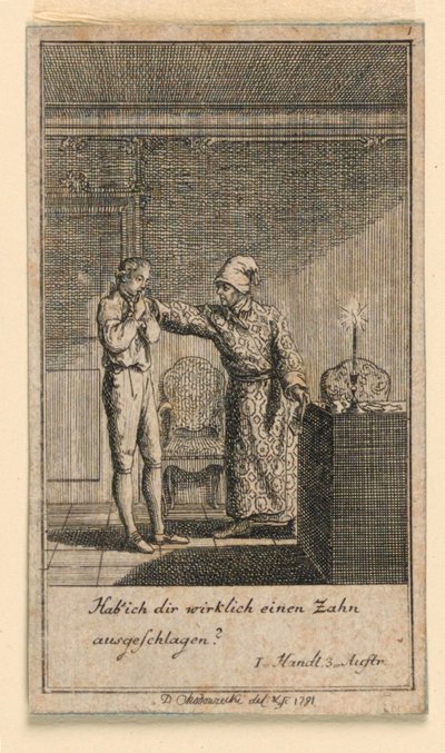 A pofon, Fredrich Wilhelm Grossman „Nem több, mint sachs Schuesseln” című darabjának illusztrációja a „Königl: Grosbrit [anian] genealogical calendar for the 1782 Year Lauenberg by J.G. Berenberg” című művében. alkotó: Daniel Nikolaus Chodowiecki