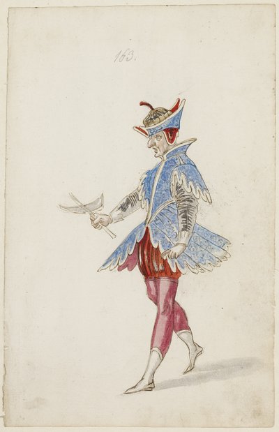 Férfi figura kék-piros jelmezben a Ballet des quatre saisons de lAnnee-ból, 1626 (barna tinta, wc és fémfesték fekete kréta alárajzolással, papírra fektetett) alkotó: Daniel Rabel