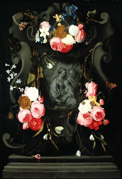 Virágkoszorú a Szent Családdal, 1625-27 (olaj, réz) alkotó: Daniel Seghers