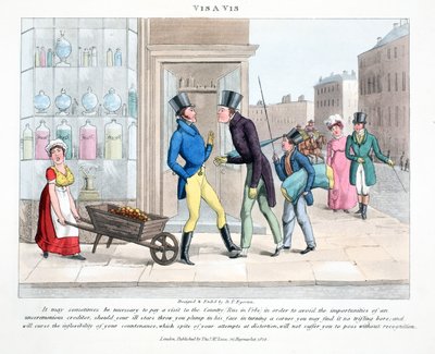 Vis A Vis, illusztráció Peter Quiz "Fashionable Bores or Coolers in High Life" című művéből, kiad. Thomas McLean, London 1824 (kézzel színezett metszet). alkotó: Daniel Thomas Egerton