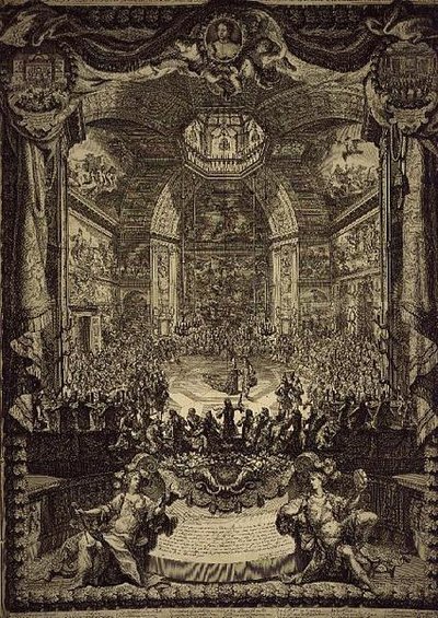 A H.R.H. nagy ünnepe a narancssárga hercegnőt 1686 decemberében ünnepelték a hágai Salon du Boisban, Narancs herceg születésnapja tiszteletére (metszet) alkotó: Daniel the Elder Marot