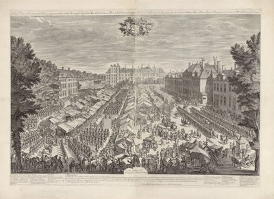 A hágai vásár a narancsos herceggel és hercegnővel, 1686 A hágai vásár az emelkedő hamburgerrel bemutatja Királyi Fenségeit, az én uramat, a herceget és a narancssárga hercegnőt / Foire de la Haye, avec les bourgois sous les armes, sa alkotó: Daniël Marot (I)