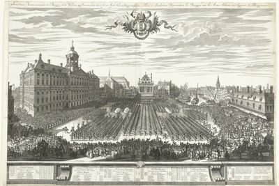 Lövészek a Dam téren az Amszterdami Vásár idején, 1686 Amszterdami Vásár bemutatja a Burgery in the Arms-t, sig Bemutató a Groot Agtb-nek: Heeren Burgermeesteren (cím a tárgyon) Foire d