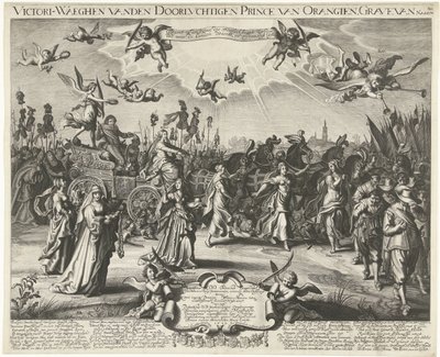 Frederik Hendrik allegorikus diadalmenete, 1629 Victori-Waeghen vanden Nyugodt Orangien hercege, Nassou sírja stb. (cím a tárgyon) alkotó: Daniël van den Bremden
