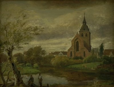 Szent Knud templom a folyó mellett Odense-ben. Ősz alkotó: Dankvart Dreyer