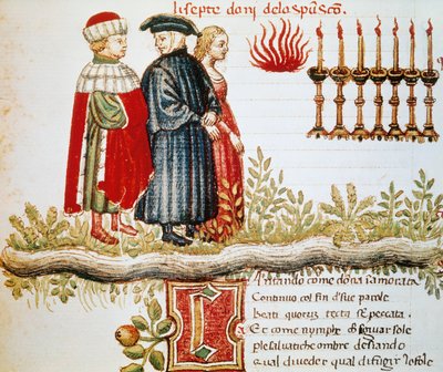 Vergilius, Dante és Matelda, Purgatórium, XXIX. ének, megvilágított oldal az Isteni színjátékból, Dante Alighieri (1265-1321) alkotó: Dante Alighieri