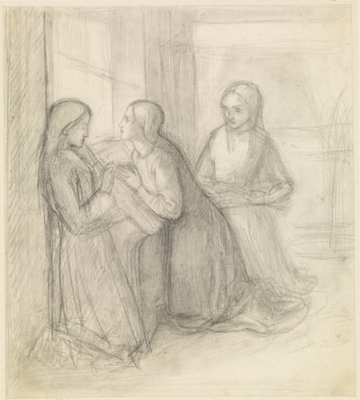 (Valószínűleg) Magyar Szent Erzsébet térdelve társaival, Isentrudisszal és Gútával. alkotó: Dante Gabriel Charles Rossetti