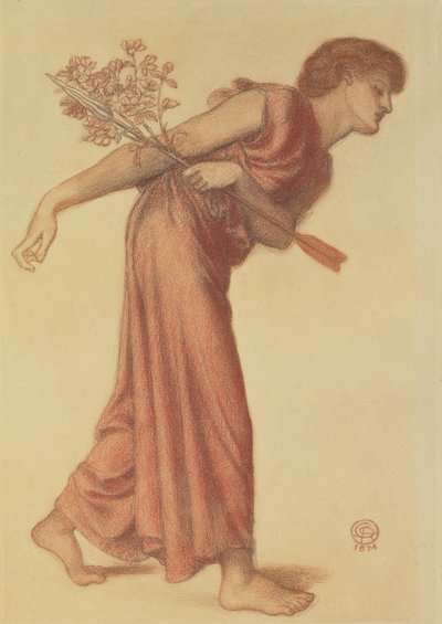 Tanulmány a szerelem alakjához Dante álmában Beatrice halálakor, 1874 (fekete-piros zsírkréta zöld papíron) alkotó: Dante Gabriel Charles Rossetti