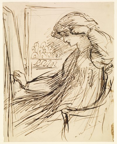 Nő ül egy hímzőkeret vagy állvány mellett alkotó: Dante Gabriel Rossetti