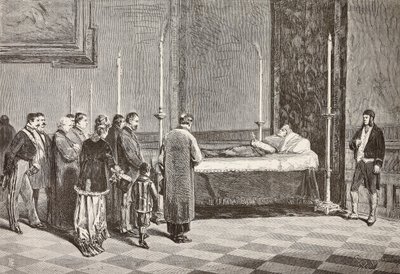 Giacomo Antonelli bíboros holtteste a Vatikán egyik szobájában fekszik, Dante Paolocci rajzából készült metszet a L