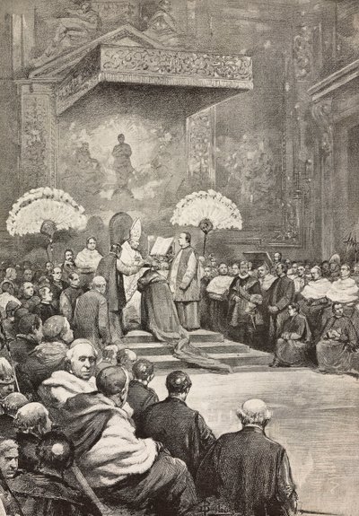 Konzisztórium november 13-án XIII. Leó pápa, ahol új bíborosokat hozott létre, Vatikán, metszet Dante Paolocci rajzából, a L