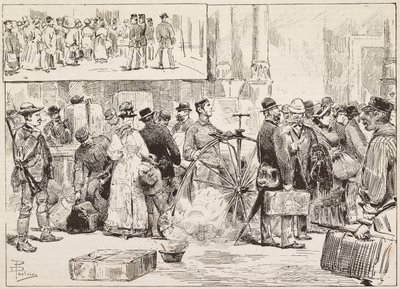Fumigation against cholera at station, apprentice on velocipede, Rome, Italy, engraving from drawing by Dante Paolocci, from L