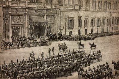 Parlament megnyitása, I. Umberto király érkezése Montecitorióba, Róma, Olaszország, metszet Dante Paolocci rajzából, L