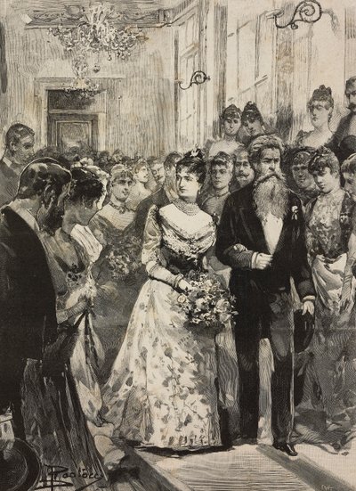Savoyai Margherita királynő a római Artistic Club (Circolo Artistico) partiján Giulio Monteverde szobrászművész kíséretében (Olaszország), metszet Dante Paolocci rajza után, a L