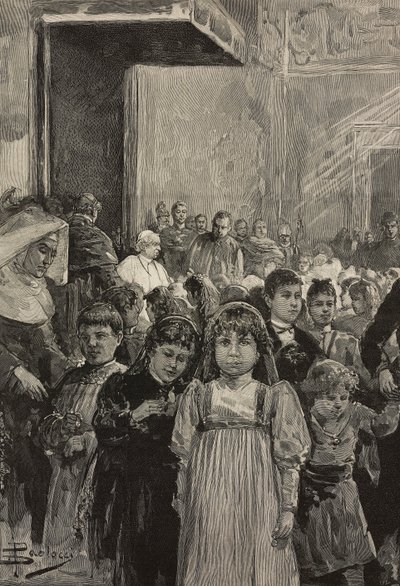 Gyermekek fogadása XIII. Leó pápa jubileumi ünnepségén, Vatikánban, metszet Dante Paolocci rajza után, a L