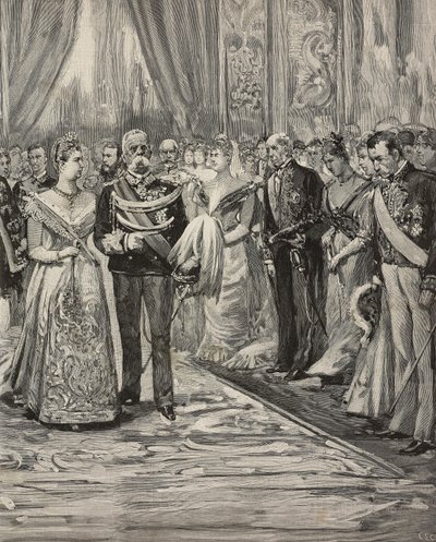 I. Umberto és Savoyai Margherita ezüstlakodalmuk alkalmából tartott koncerten, a Palazzo del Quirinale, Róma, Olaszország, metszet Dante Paolocci rajza után, a L