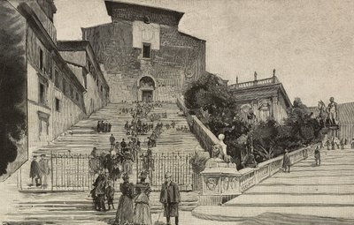 A Santa Maria-bazilika kilátása Aracoeli-ben, Róma, Olaszország, metszet Dante Paolocci rajza után, L