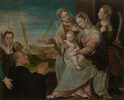 Szűz és gyermek Sants Catherine-nel, Lucyval, Páduai Jusztinával és egy bencés szerzetessel alkotó: Dario Varotari the Elder