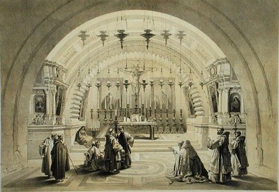 Az Annunciáció vagy a Kálvária temploma, a "Szentföld"-ből, L. Stroobant metszete. alkotó: David (after) Roberts