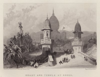 Ghaut és templom Gokulban (színes litó) alkotó: David (after) Roberts