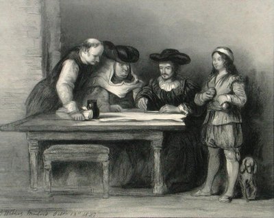 Kolumbusz Kristóf (1451-1506) a la rabidai kolostorban a „Arcképtárból”, 1833-ban (metszet) alkotó: David (after) Wilkie
