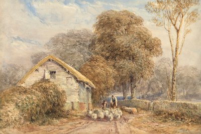 Egy lovas utazó, egy pásztor és juhai, egy pajtánál, egy országúton. alkotó: David Cox