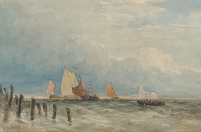 Holland halászcsapások a partoknál, a távolban a dordrechti Grote Kerkkel alkotó: David Cox