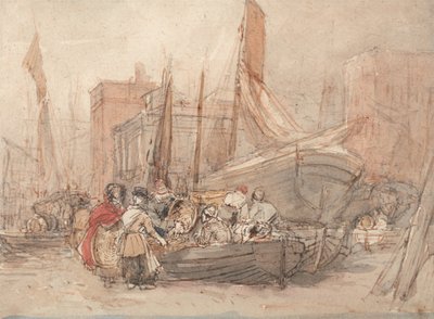 Kikötői jelenet, kirakodó halászhajókkal alkotó: David Cox